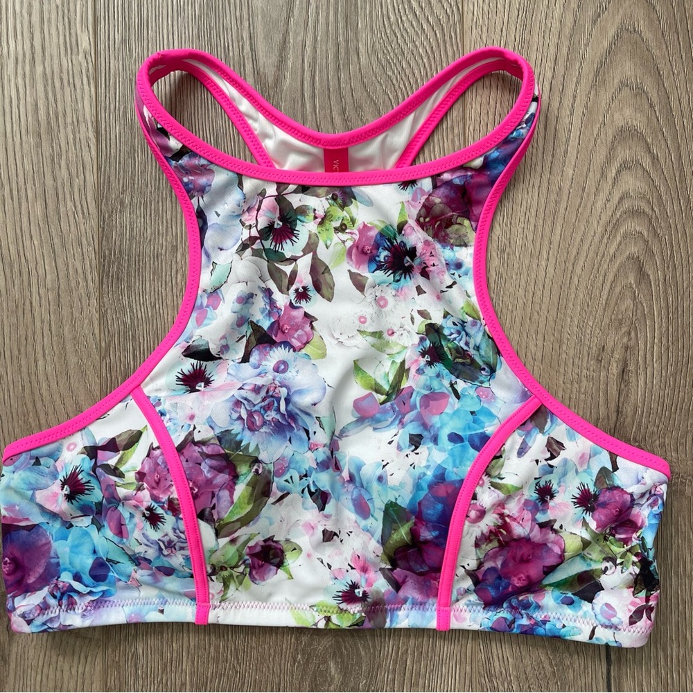 Victoria's Secret Bright Pink Floral Racerback Padded Swim Bikini Top Sz Medium